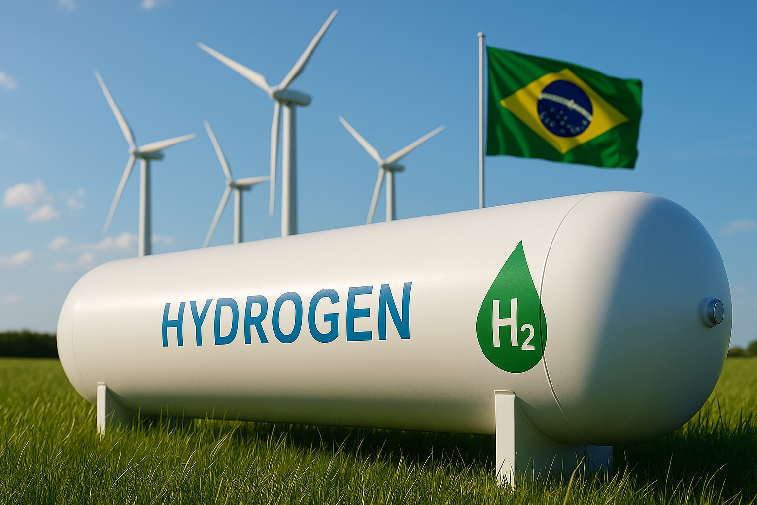 Tanque branco de hidrogênio com símbolo H₂ em um campo verde, ao fundo turbinas eólicas girando e a bandeira do Brasil hasteada, representando energia limpa e sustentável.
