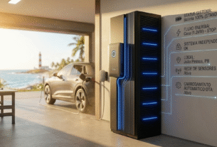 Painel de alta tecnologia mostrando uma Bateria de Lítio para Energia Solar instalada numa residência moderna