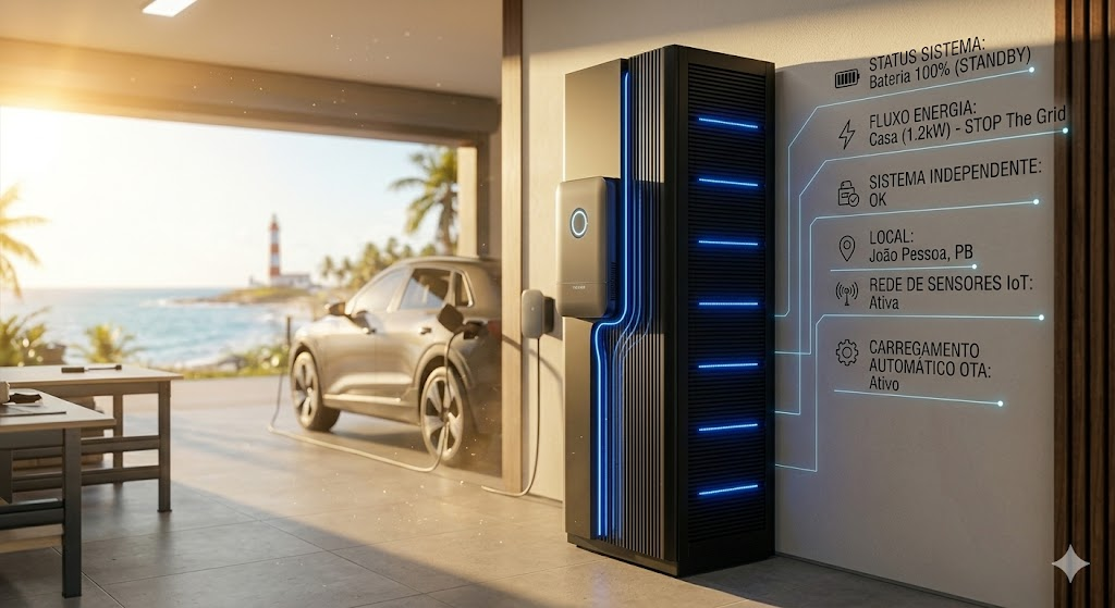 Painel de alta tecnologia mostrando uma Bateria de Lítio para Energia Solar instalada numa residência moderna