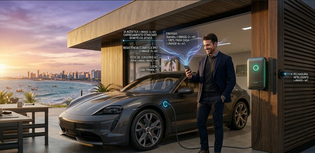 Proprietário verificando pelo celular os benefícios da Mobilidade Elétrica e Infraestrutura de Recarga em sua garagem moderna.