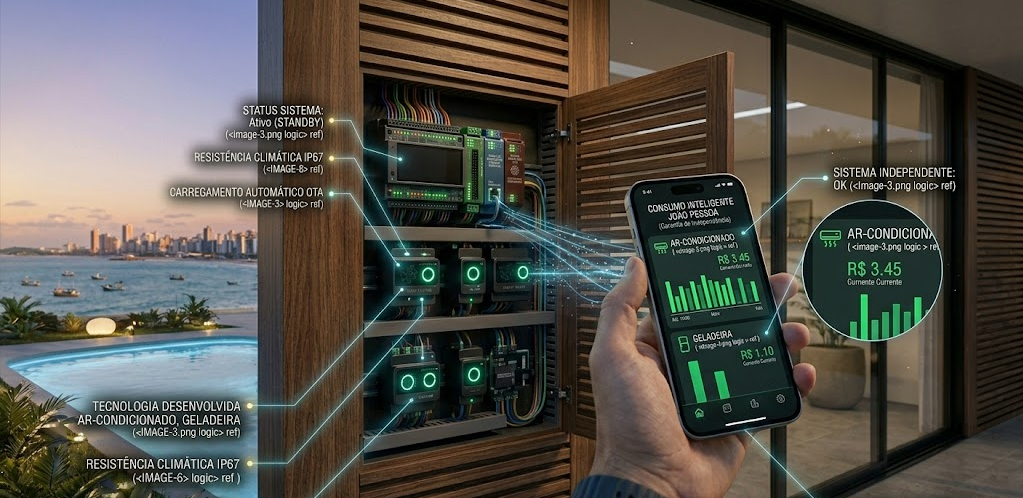 Proprietário controlando os gastos da casa pelo celular graças aos Sensores IoT para Monitoramento Elétrico instalados no quadro de energia.