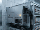 Inversor de alta capacidade e rack de baterias, componentes essenciais dos Sistemas Híbridos de Energia Solar em operação comercial.