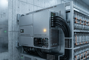 Inversor de alta capacidade e rack de baterias, componentes essenciais dos Sistemas Híbridos de Energia Solar em operação comercial.