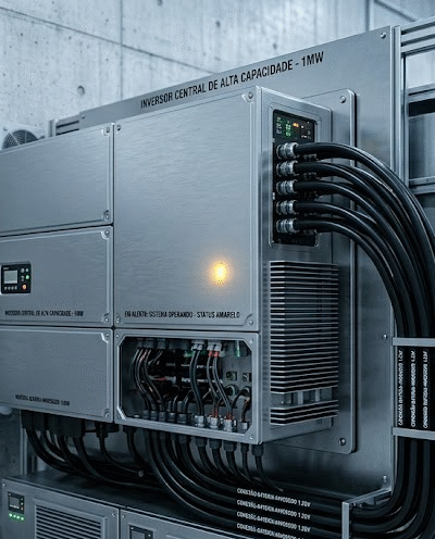 Inversor de alta capacidade e rack de baterias, componentes essenciais dos Sistemas Híbridos de Energia Solar em operação comercial.