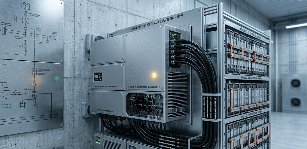 Inversor de alta capacidade e rack de baterias, componentes essenciais dos Sistemas Híbridos de Energia Solar em operação comercial.